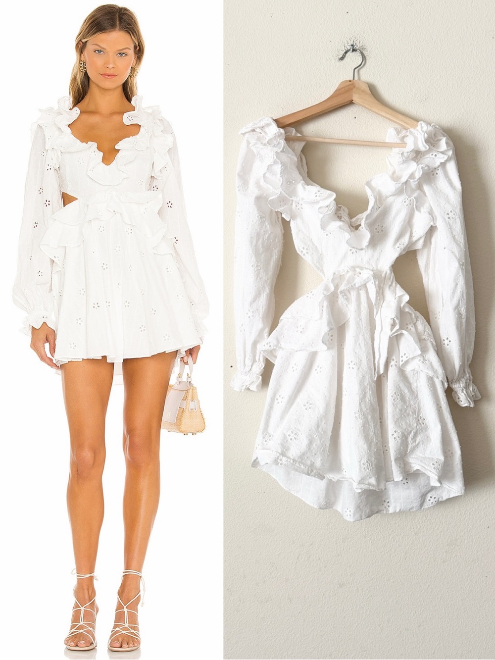 Revolve Majorelle XS white ruffle eyelet detail mini cut out dress